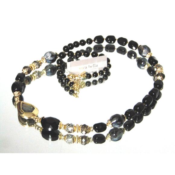 NEW Sara Bella Black Onyx Glass Bead NECKLACE 34" Adj Mother Of Pearl Nordstrom - Picture 8 of 11